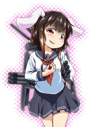  animal_ears cannon commentary cosplay female folded_ponytail gradient_hair halftone halftone_background hand_on_own_hip head_tilt inaba_tewi inazuma_(kancolle) inazuma_(kancolle)_(cosplay) kantai_collection kusaba_(kusabashiki) long_hair looking_at_viewer money_gesture multicolored_hair neckerchief photoshop_(medium) rabbit_ears red_eyes school_uniform serafuku smirk solo torpedo touhou white_background 