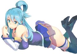  aqua_(konosuba) ass bare_shoulders blue_eyes blue_footwear blue_hair blue_thighhighs blush boots breasts commentary_request detached_sleeves female hair_ornament kono_subarashii_sekai_ni_shukufuku_wo! large_breasts legs_up long_hair looking_at_viewer lying no_panties on_stomach ryuuta_(msxtr) see-through simple_background single_hair_ring skirt smile solo the_pose thigh_boots thighhighs white_background white_thighhighs 