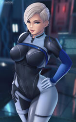  1girls big_breasts blonde_hair blue_eyes bodysuit cora_harper female female_only flowerxl human human_only mass_effect mass_effect_andromeda short_hair smile solo solo_female solo_focus thick_thighs 