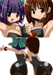  2girls :d armpit_crease ass asymmetrical_docking ata_swanport back bare_arms bare_shoulders blue_eyes breast_press breasts cleavage collarbone commentary_request detached_collar facing_away fake_tail gundam hirowa_nagi large_breasts leaning_forward leotard long_hair looking_at_viewer medium_hair multiple_girls noel_anderson open_mouth outstretched_arm pantyhose playboy_bunny purple_hair rabbit_tail rx-78-2 shoulder_blades smile tail white_background wrist_cuffs 