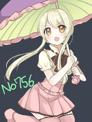  black_bow black_bowtie blonde_hair blue_background blush bow bowtie brown_eyes commentary_request dot_nose eyebrows female highres holding holding_umbrella long_hair miniskirt open_mouth ougi_hina personification pink_skirt pleated_skirt pokedex_number pokemon puffy_short_sleeves puffy_sleeves purple_umbrella shiinotic shirt short_sleeves simple_background skirt solo umbrella v-shaped_eyebrows white_shirt 