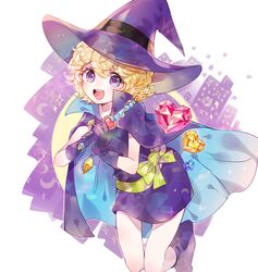  :d blonde_hair blush boots bow building cape commentary_request crescent crystal dress female gloves green_bow green_ribbons hat heart holding holding_wand jikgu open_mouth purple_dress purple_eyes purple_footwear purple_gloves ribbon smile solo sparkle sugar_sugar_rune vanilla_mieux wand white_background witch_hat 