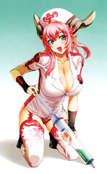  :d absurdres arm_warmers asmodeus_(the_seven_deadly_sins) black_footwear blue_eyes breasts cleavage collarbone cross demon_girl demon_horns dress female full-length_zipper full_body garter_straps gradient_background hat highres holding holding_syringe horns kneeling large_breasts looking_at_viewer microdress nishii_(damnedrive) nurse nurse_cap official_art open_mouth panties photoshop_(medium) pink_hair pink_lips red_cross red_panties scan shoes short_dress short_sleeves smile solo syringe the_seven_deadly_sins thighhighs tongue underwear white_dress white_thighhighs zipper zipper_dress 