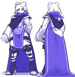  0r0ch1 2015 4_toes 5_fingers ambiguous_gender anthro asriel_dreemurr_(god_form) biped black_sclera blue_clothing blue_footwear blue_high_heels boots boss_monster_(undertale) bovid caprine clothed clothing digital_media_(artwork) dress feet femboy fingers footwear front_and_back front_view fur hi_res high_heeled_boots high_heels horn legwear long_ears mammal markings multiple_angles pupils rear_view robe shoes simple_background slit_pupils solo standing thigh_boots thigh_highs toes undertale undertale_(series) white_body white_eyes white_fur wide_hipped_male wide_hips 