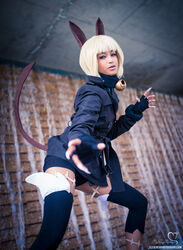  bell bell_collar belt cat_ears cat_tail collar cosplay female female fingerless_gloves gloves ms._fortune_(skullgirls) nadia_fortune nadia_fortune_(cosplay) photo pouch scar skullgirls tail the_mirror_melts trench_coat trenchcoat white_hair 