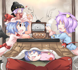  3girls :3 :d ^_^ basket bat_wings blouse blue_hair bowl bowl_hat closed_eyes commentary_request crack cup dango drooling food fruit giving hakurei_reimu hand_up hat headband heart holding holding_cup indoors japanese_clothes kikurage_(sugi222) kimono komeiji_satori komeiji_satori_(dango) kotatsu looking_up mandarin_orange manzai mini_person minigirl mob_cap multiple_girls oerba_yun_fang on_head open_mouth orange_(fruit) orange_slice painttool_sai_(medium) person_on_head purple_hair reaching red_eyes remilia_scarlet sash shirt short_hair short_sleeves skirt skirt_set sleeping smile stick_figure sukuna_shinmyoumaru sukusuku_hakutaku table television third_eye touhou under_kotatsu under_the_table wagashi wall wings yukkuri_shiteitte_ne 