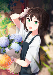  :d apron arm_up bad_id bad_pixiv_id blue_apron blue_flower blurry blush bouquet brown_hair day depth_of_field female florist flower from_side furururu gloves green_eyes hair_intakes hand_on_forehead hand_on_own_head hanging_plant holding holding_bouquet holding_flower hydrangea idolmaster idolmaster_cinderella_girls leaf lens_flare light_particles long_hair looking_at_viewer open_mouth orange_flower outdoors pink_flower plant ponytail potted_plant round_teeth shibuya_rin shirt short_sleeves sidelocks smile solo teeth upper_teeth_only white_gloves white_shirt 