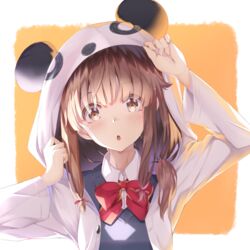  :o akausuko animal_costume animal_ears azusagawa_kaede blush bow brown_eyes brown_hair cardigan commentary eyes_visible_through_hair female hair_ribbon highres hood long_hair looking_at_viewer open_mouth panda_costume ribbon school_uniform seishun_buta_yarou shirt short_hair solo 