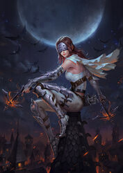  armor armored_boots arrow_(projectile) bat_(animal) belt boots brown_hair bustier cape crossbow demon_hunter diablo diablo_(series) diablo_3 dual_wielding female fire highres holding holster lips long_hair mask moon night photoshop_(medium) quiver sitting solo spikes thigh_holster town weapon wenfei_ye 