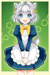  :d absurdres animal_ears blue_eyes bow commentary_request cowboy_shot emilia_(world_teacher) female grey_hair hairbow highres looking_at_viewer maid maid_headdress maximilian-destroyer open_mouth smile solo tail wolf_ears wolf_tail world_teacher_-isekaishiki_kyouiku_agent- yellow_bow 