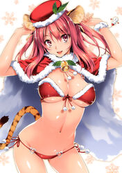  :d absurdres animal_ears arms_up bell bikini breasts cape christmas cleavage copyright_request female front-tie_top fur_trim glint hat heart_o-ring heart_ring_bottom highres kikurage_(plastic_people) large_breasts leaf midriff navel o-ring o-ring_bottom o-ring_top open_mouth pink_eyes pink_hair red_bikini santa_bikini santa_costume scrunchie shiny_skin side-tie_bikini_bottom smile snowflakes snowman solo sparkle string_bikini swimsuit tail tiger_ears tiger_tail two_side_up underboob wrist_scrunchie wristband 