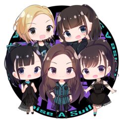  5girls aqua_dress aqua_ribbon bang_dream! black_dress black_eyes black_gloves black_hair black_hoodie black_jacket black_legwear black_shirt black_vest blonde_hair blue_eyes blunt_bangs breast_pocket brown_eyes brown_hair chibi choker clenched_hands clothing_cutout commentary_request drawstring dress frilled_dress frills gloves group_name group_picture hair_ribbon hand_on_own_hip hands_on_own_chest hands_up highres hood hood_down hoodie index_finger_raised jacket koh_(user_kpcu7748) kohara_riko kurachi_reo long_hair looking_at_viewer multiple_girls natsume_(musician) no_bangs pantyhose pocket ponytail raise_a_suilen raychell_(musician) ribbon see-through see-through_sleeves shirt short_hair short_sleeves shoulder_cutout sidelocks skirt sleeveless sleeveless_dress standing standing_on_one_leg suspender_skirt suspenders torn_clothes torn_legwear tsumugi_risa twintails v vest voice_actor yellow_eyes 