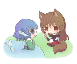  2girls :&lt; animal_ears bad_id bad_pixiv_id bare_shoulders blue_eyes blue_hair blush brooch brown_hair chibi commentary_request dress eye_contact fins flower giving grass hands_on_own_chest hayabusa_koi head_fins imaizumi_kagerou japanese_clothes jewelry kimono knees_up lake layered_dress long_hair looking_at_another mermaid monster_girl multiple_girls obi outdoors partially_submerged photoshop_(medium) profile red_eyes sash shawl short_hair simple_background sitting tail touhou wakasagihime white_background wolf_ears wolf_tail 