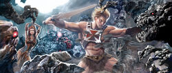  2boys abs angry arm_guards armor barbarian battle belt blonde_hair blue_eyes blue_skin colored_skin commentary english_commentary fantasy female glowing glowing_eyes green_eyes hat he-man highres holding holding_sword holding_weapon magic manly masters_of_the_universe monster multiple_boys muscular orko pointy_ears popmhan realistic red_hair rock science_fiction short_hair signature surrounded sword sword_of_power teela vest wand weapon wizard 