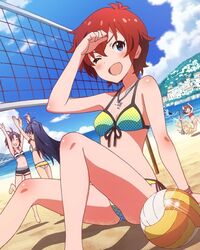  4girls ;d ^_^ arm_support barefoot beach beach_volleyball bikini black_hair blue_eyes blue_hair blush body_blush bracelet breasts brown_hair cleavage closed_eyes day double_high_five front-tie_top ganaha_hibiki idolmaster idolmaster_(classic) idolmaster_million_live! jewelry julia_(idolmaster) kikuchi_makoto long_hair multiple_girls necklace nonohara_akane official_art one_eye_closed open_mouth outdoors pendant red_hair sand shark short_hair small_breasts smile swimsuit v-shaped_eyebrows volleyball volleyball_net 