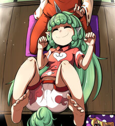  3girls aqua_hair arms_up barefoot blonde_hair closed_eyes clownpiece commentary commentary_request epic_armageddon feet from_above hakurei_reimu hat head_out_of_frame highres horns jester_cap kariyushi_shirt komano_aunn lap_pillow legs_up light_particles long_hair lying lying_on_person multiple_girls on_back partial_commentary paw_pose peeking_out pillow red_eyes red_skirt red_vest ribbon-trimmed_sleeves ribbon_trim seiza short_sleeves shorts sitting skirt smile soles tail toes touhou veranda very_long_hair vest 