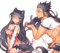  1boy abs animal_ears ass bad_id bad_pixiv_id bandaged_arm bandages bare_shoulders black_gloves black_hair black_neckwear black_shorts braid breasts butt_crack cat_ears cat_tail choker cleavage closed_mouth female folks_(nabokof) gloves hakama hakama_skirt half_updo japanese_clothes kemonomimi_mode kneeling long_hair medium_breasts revealing_clothes shigure_rangetsu shiny_skin short_shorts shorts side_braid single_glove sitting skirt smile tail tales_of_(series) tales_of_berseria topless_male velvet_crowe white_background white_hakama yellow_eyes 