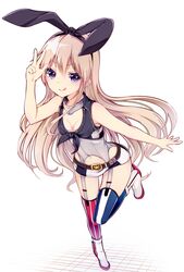  :p absurdres alternate_eye_color ankle_boots asymmetrical_legwear bare_shoulders belt black_hairband blonde_hair boots breasts cleavage commentary_request cosplay female front-tie_top garter_straps hairband high_heel_boots high_heels highres iowa_(kancolle) iowa_(kancolle)_(cosplay) kantai_collection leaning_forward long_hair looking_at_viewer miniskirt mismatched_legwear purple_eyes shimakaze_(kancolle) simple_background skirt small_breasts solo striped_clothes striped_skirt striped_thighhighs suishin_tenra thighhighs tongue tongue_out vertical-striped_clothes vertical-striped_skirt vertical-striped_thighhighs white_footwear 