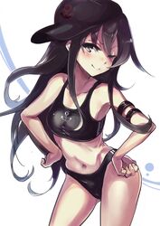  akatsuki_(kancolle) black_hair blush buruma commentary_request contrapposto cowboy_shot female hands_on_own_hips hat kantai_collection kuzu_(miduhana) long_hair navel one_eye_closed smile solo sports_bra standing very_long_hair 