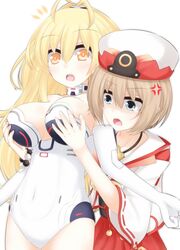  2girls amo_chenbe anger_vein antenna_hair bad_id bad_twitter_id bare_shoulders bead_bracelet beads blanc_(neptunia) blonde_hair blue_eyes blush bracelet breast_envy breasts brown_hair cleavage commentary covered_navel elbow_gloves gloves grabbing grabbing_another&#039;s_breast grabbing_from_behind groping hair_between_eyes hakama hakama_short_skirt hakama_skirt hat highres japanese_clothes jewelry kami_jigen_game_neptune_v large_breasts leotard long_hair multiple_girls neptune_(series) nontraditional_miko notice_lines open_mouth orange_eyes power_symbol power_symbol-shaped_pupils short_hair simple_background skirt strapless strapless_leotard symbol-only_commentary symbol-shaped_pupils tearing_up white_background white_gloves white_hat white_leotard wide_sleeves yellow_heart_(neptunia) yuri 