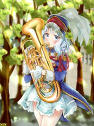  bad_id bad_pixiv_id band_uniform blue_eyes blurry blurry_background blush copyright_name day epaulettes euphonium female gloves hat hat_feather instrument looking_at_viewer marching_band mikanpicture27 music official_art omc outdoors playing_instrument silver_hair solo standing white_gloves 