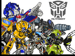  5boys arm_cannon autobot bumblebee_(transformers) cannon chibi commentary_request gun insignia ironhide jazz_(transformers) kamizono_(spookyhouse) machinery mecha multiple_boys no_humans optimus_prime ratchet_(transformers) robot sword transformers transformers_(2007_film) transformers_(live_action) weapon 