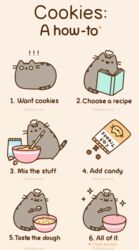  2d_animation :3 ambiguous_gender animated chef_hat clothing cookie cooking daww doing_it_wrong domestic_cat eating english_text felid feline felis female_(lore) food fur grey_body grey_fur hat headgear headwear humor mammal meme pusheen pusheen_and_friends pusheen_corp simple_background solo text third-party_edit young 