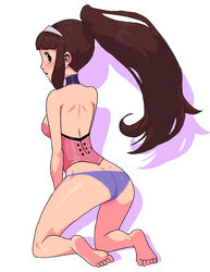  ass back bare_back barefoot brown_eyes brown_hair character_request comcept daga dimples_of_venus female long_hair looking_back panties panty pigtail ponytail red_ash simple_background underwear 