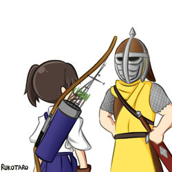  1boy bow_(weapon) brown_hair commentary crossover english_commentary female guard guard_(skyrim) helmet kaga_(kancolle) kantai_collection quiver rukotaro sheath sheathed side_ponytail sword the_elder_scrolls the_elder_scrolls_v:_skyrim weapon 