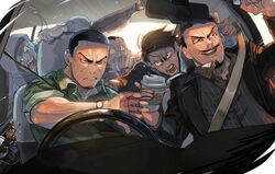  5boys can canned_coffee car_interior clenched_teeth coffee commentary_request contemporary drink_can driving facial_hair goatee golden_kamuy hair_slicked_back jacket jewelry koito_otonoshin leaning male_focus moustache multiple_boys necklace nikaidou_kouhei oku_(2964_okn) open_clothes open_jacket open_mouth sharp_teeth shaved_head short_sleeves shouting spilling sweat tearing_up teeth tsukishima_hajime tsurumi_tokushirou usami_tokishige yellow_eyes 