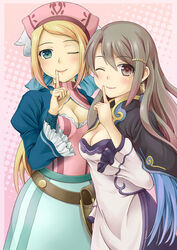  2girls blonde_hair breasts brown_hair cleavage commentary_request dress ibushigin ling_hua long_hair medium_breasts multiple_girls nancy_(rune_factory) nurse one_eye_closed rune_factory rune_factory_4 smile 