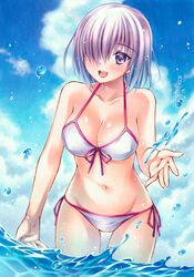  adapted_costume bikini breasts cleavage commentary_request cowboy_shot fate/grand_order fate_(series) female front-tie_top hair_over_one_eye large_breasts mash_kyrielight mash_kyrielight_(swimsuit_of_perpetual_summer) official_alternate_costume outdoors purple_eyes purple_hair short_hair side-tie_bikini_bottom solo splashing swimsuit wading water white_bikini yuto_takumi 