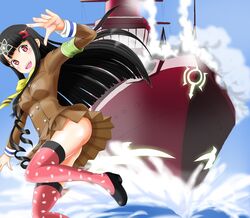  aoki_hagane_no_arpeggio ashigara_(aoki_hagane_no_arpeggio) ashigara_(cruiser) ass black_hair blazer blush breasts cherry_blossoms clenched_hand commentary_request cruiser fangs female hair_ornament hairpin hex_grid highres jacket ju_(old505) long_hair medium_breasts military military_vehicle open_mouth pink_thighhighs ribbon school_uniform ship skirt smile solo thighhighs vehicle_and_personification warship water watercraft 