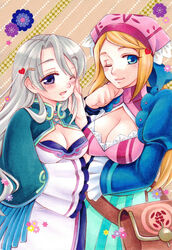  2girls bag blonde_hair blue_eyes blush breasts center_opening cleavage commentary_request dress large_breasts ling_hua long_hair medium_breasts multiple_girls nancy_(rune_factory) nurse one_eye_closed rune_factory rune_factory_4 shira_(kunseitamago) smile 