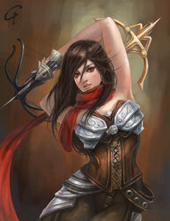  armor arms_behind_head arms_up bare_shoulders bikini_armor brown_hair c-tree commentary corset cowboy_shot cross_scar crossbow demon_hunter diablo diablo_(series) diablo_3 dual_wielding female holding parted_lips photoshop_(medium) red_eyes scar scarf solo weapon 