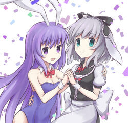  2girls :d animal_ears bare_shoulders bow bowtie breasts commentary_request confetti cyan_aeolin detached_collar dress erina_(rabi-ribi) frills green_eyes grey_hair hand_on_another&#039;s_shoulder hands_on_another&#039;s_waist headdress heart highres holding_hands interlocked_fingers irisu_(rabi_ribi) leotard long_hair looking_at_viewer medium_breasts multiple_girls open_mouth photoshop_(medium) playboy_bunny puffy_short_sleeves puffy_sleeves purple_eyes purple_hair purple_leotard rabbit_ears rabbit_girl rabi-ribi short_sleeves smile strapless strapless_leotard upper_body very_long_hair wrist_cuffs yuri 