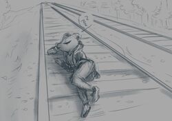  anthro clothed clothing dangerous female greyscale hoodie lori_meyers mammal monochrome mouse murid murine night_in_the_woods nobby_(artist) outside railway_track rodent sleeping solo sound_effects topwear vowelless vowelless_sound_effect zzz 