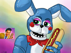  4:3 animatronic bow_tie duo el-vis five_nights_at_freddy&#039;s five_nights_at_freddy&#039;s_2 food green_eyes hot_dog humor lagomorph leporid machine male mammal parody rabbit robot scottgames smile teeth toy_bonnie_(fnaf) uitinla 