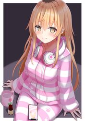  absurdres animal_ear_headphones animal_ears bad_id bad_twitter_id black_hair blonde_hair blush bottle cat_ear_headphones cellphone closed_mouth collarbone commentary cup fake_animal_ears female headphones headphones_around_neck highres ienaga_mugi ienaga_mugi_(1st_costume) iphone_x long_hair long_sleeves looking_at_viewer mirea multicolored_hair nijisanji pajamas phone pink_pajamas smartphone solo striped_clothes striped_pajamas sweatdrop virtual_youtuber yellow_eyes 