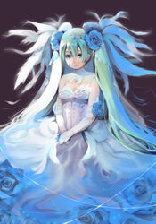  blue_flower blue_rose breasts cleavage commentary_request dress elbow_gloves female flower frey_(rune_factory) gloves green_hair long_hair medium_breasts mg_kurino rose rune_factory rune_factory_4 sitting sleeveless solo twintails veil wedding_dress white_gloves 