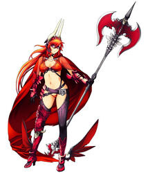  ankle_wings armor belt bikini_armor boots breasts cape demon_girl erect_nipples female full_body gloves halberd horns huge_weapon knee_boots large_breasts navel nishii_(nitroplus) nitroplus official_art pointy_ears polearm purple_eyes red_hair revealing_clothes satan_(the_seven_deadly_sins) solo standing the_seven_deadly_sins thighhighs vambraces weapon 