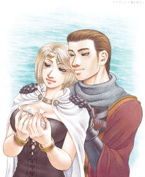  1boy arisen_(dragon&#039;s_dogma) armor arusha bangle blonde_hair blue_eyes bracelet breasts brown_hair bustier cape chainmail circlet cleavage commentary_request couple dragon&#039;s_dogma dragon&#039;s_dogma_(series) facial_hair female gauntlets hand_on_another&#039;s_shoulder jewelry large_breasts maximilian_eizenstern scar short_hair smile straight stubble 