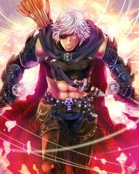  1boy abs arrow_(projectile) belt_buckle blue_eyes buckle cape commentary_request dagger dragon&#039;s_dogma dragon&#039;s_dogma_(series) dual_wielding eyepatch gauntlets holding ichinagi_(yellow_beans) knife male_focus pawn_(dragon&#039;s_dogma) quiver reverse_grip skull solo torn_cape torn_clothes weapon white_hair 