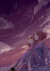  2girls ali_manami blonde_hair blue_eyes breasts brown_hair cloud commentary_request fireflies flat_chest floral_print flower fukuji_mihoko hair_bun hair_flower hair_ornament heterochromia highres japanese_clothes kimono light_smile long_hair looking_up multiple_girls night night_sky platform_footwear purple_eyes red_eyes saki_(manga) shooting_star short_hair single_hair_bun sitting sky star_(sky) stargazing takei_hisa yukata yuri 