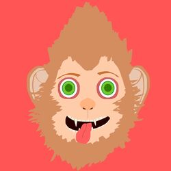  1:1 2015 brown_body brown_fur brown_hair caboose3146_(artist) digital_drawing_(artwork) digital_media_(artwork) eyebrows facial_hair flat_colors fur green_eyes hair haplorhine hi_res icon journey_to_the_west league_of_legends looking_at_viewer male mammal monkey open_mouth primate raised_eyebrow riot_games simple_background smile solo sun_wukong teeth tencent tongue tongue_out wukong_(lol) 