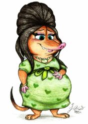  2018 anthro arctic_shrew belly big_belly black_hair blue_eyes brown_body brown_fur clothed clothing digit_ring disney dress eulipotyphlan eyeshadow female fru_fru fur green_clothing green_dress hair hand_on_belly hi_res jewelry jusu-tengu makeup mammal necklace pregnant pregnant_female ring shrew simple_background smile solo traditional_media_(artwork) wedding_ring white_background zootopia 