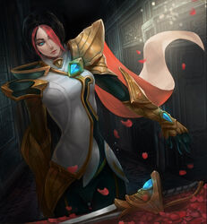  absurdres armor blue_eyes c-tree commentary female fiora_(league_of_legends) gauntlets highres indoors league_of_legends lips multicolored_hair pauldrons petals photoshop_(medium) shoulder_armor solo sword two-tone_hair weapon 