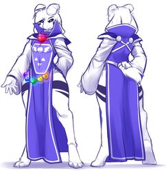  0r0ch1 2015 4_toes 5_fingers ambiguous_gender anthro asriel_dreemurr_(god_form) barefoot biped black_sclera boss_monster_(undertale) bovid caprine clothed clothing digital_media_(artwork) dress feet femboy fingers front_and_back front_view fur hi_res horn long_ears mammal markings pupils rear_view simple_background slit_pupils solo standing toes undertale undertale_(series) white_body white_eyes white_fur wide_hipped_male wide_hips 