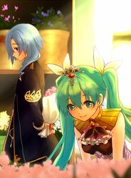  1boy ascot bad_id bad_pixiv_id bishnal_(rune_factory) blue_hair blush bouquet commentary_request female flower frey_(rune_factory) green_eyes green_hair jewelry long_hair rune_factory rune_factory_4 sekka_koyori sleeveless smile tiara twintails 