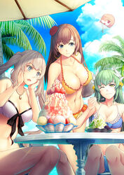  +_+ 3girls @_@ alternate_costume arms_behind_back bikini blue_bikini blue_eyes blush brain_freeze breasts brown_hair character_doll cleavage closed_mouth cloud cloudy_sky collarbone commentary_request day drooling fate/grand_order fate_(series) food fruit green_hair grey_hair hair_over_one_eye highres horns ice_cream jewelry kite kiyohime_(fate) kiyohime_(swimsuit_lancer)_(fate) kiyohime_(swimsuit_lancer)_(third_ascension)_(fate) large_breasts long_hair long_legs marie_antoinette_(fate) mash_kyrielight mata_hari_(fate) medium_breasts multiple_girls necklace one_eye_closed open_mouth orange_bikini outdoors palm_tree photoshop_(medium) purple_eyes riyo_(lyomsnpmp)_(style) shaved_ice sitting sky smile strawberry summer sundae swimsuit table taneda_risa tree twintails umbrella voice_actor_connection whipped_cream white_bikini yellow_eyes yumemizuki 